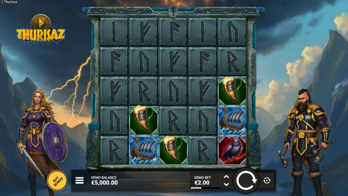 Cena épica de um slot com tema Viking apresentando guerreiros e montanhas nórdicas.