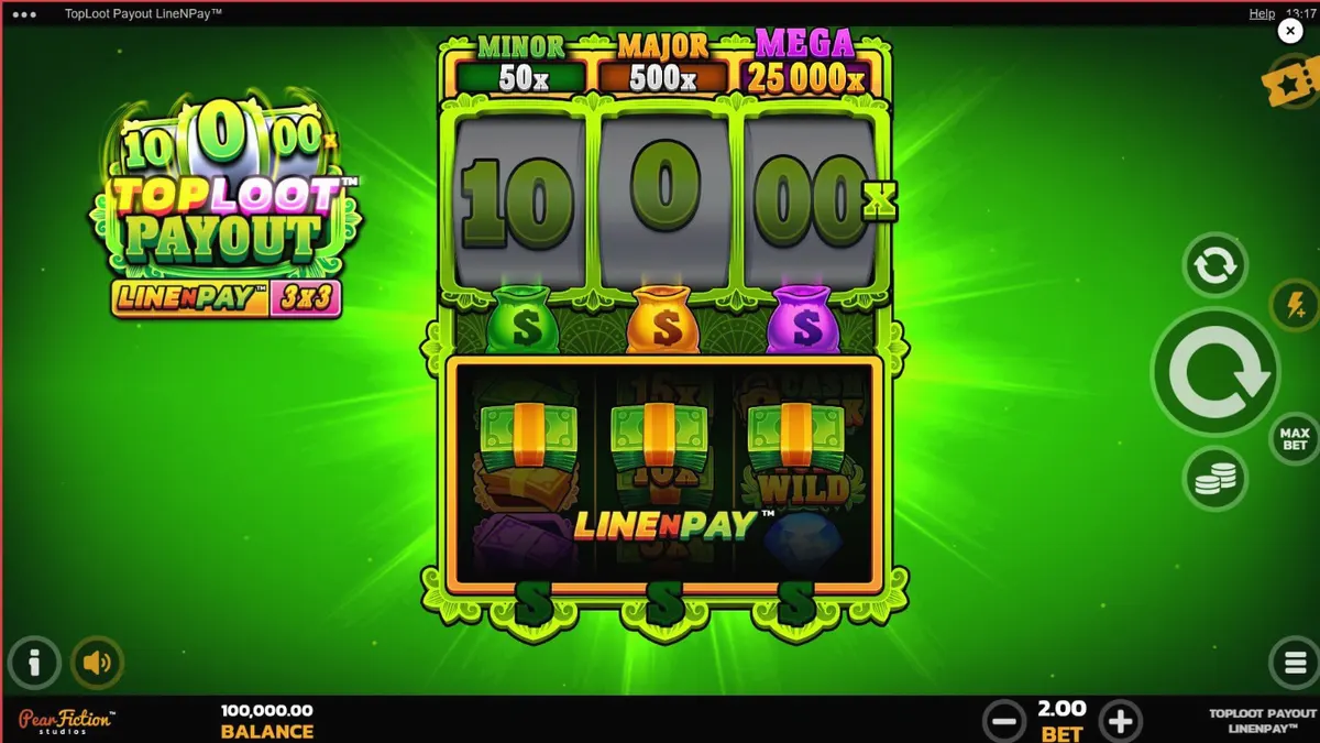 Interface do jogo de slot TopLoot Payout LineNPay com tema de tesouros e cofres