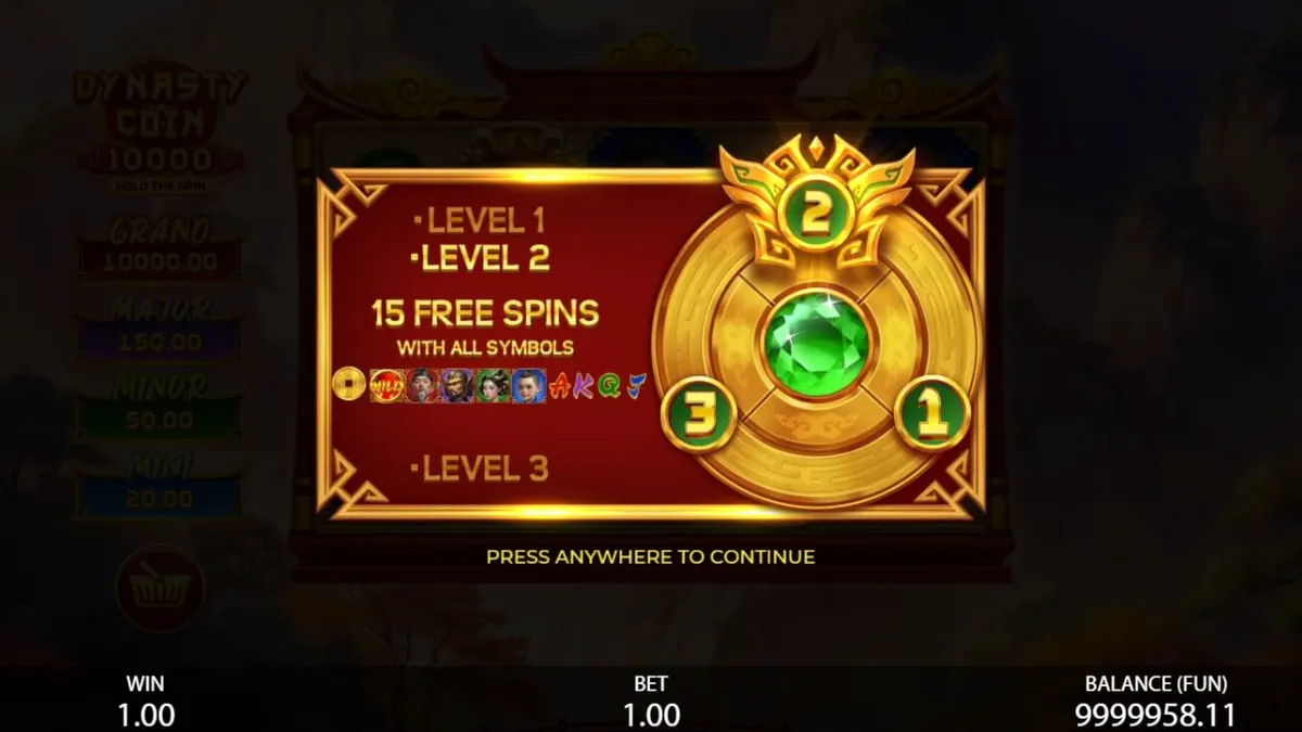 Interface do jogo Dynasty Coin 10,000: Hold the Spin em um dispositivo móvel