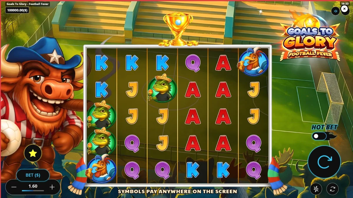 Interface vibrante do slot Goals to Glory Football Fever com personagens animais