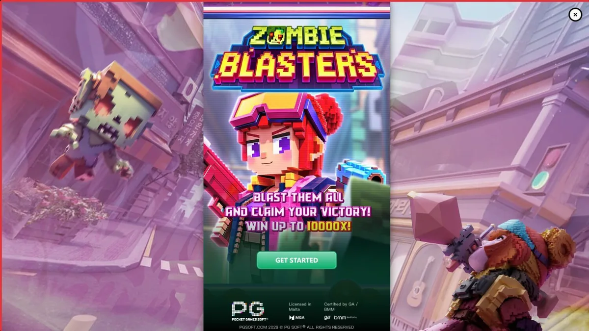 Interface do jogo de slot Zombie Blasters com temática de apocalipse zumbi e estilo arcade